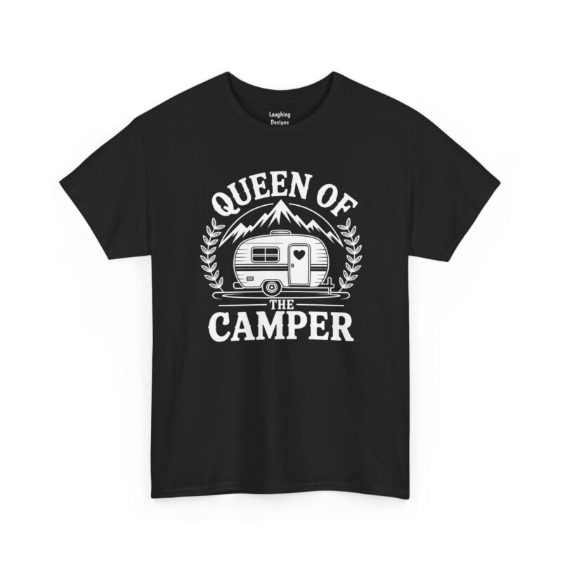 Queen of the Camper T-Shirt - White line art graphic featuring a retro travel trailer with mountains in the background and a heart on the door. Text reads "QUEEN OF THE CAMPER" with laurel leaves on the sides -Color Black.
