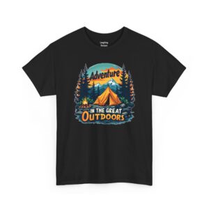 Adventure In The Great Outdoors T-Shirt - detailed retro illustration featuring a yellow camping tent, a roaring campfire, tall pine trees, and snow-capped mountains against a sunset sky. Text reads "Adventure IN THE GREAT Outdoors" in stylized script and block letters - Color Black.