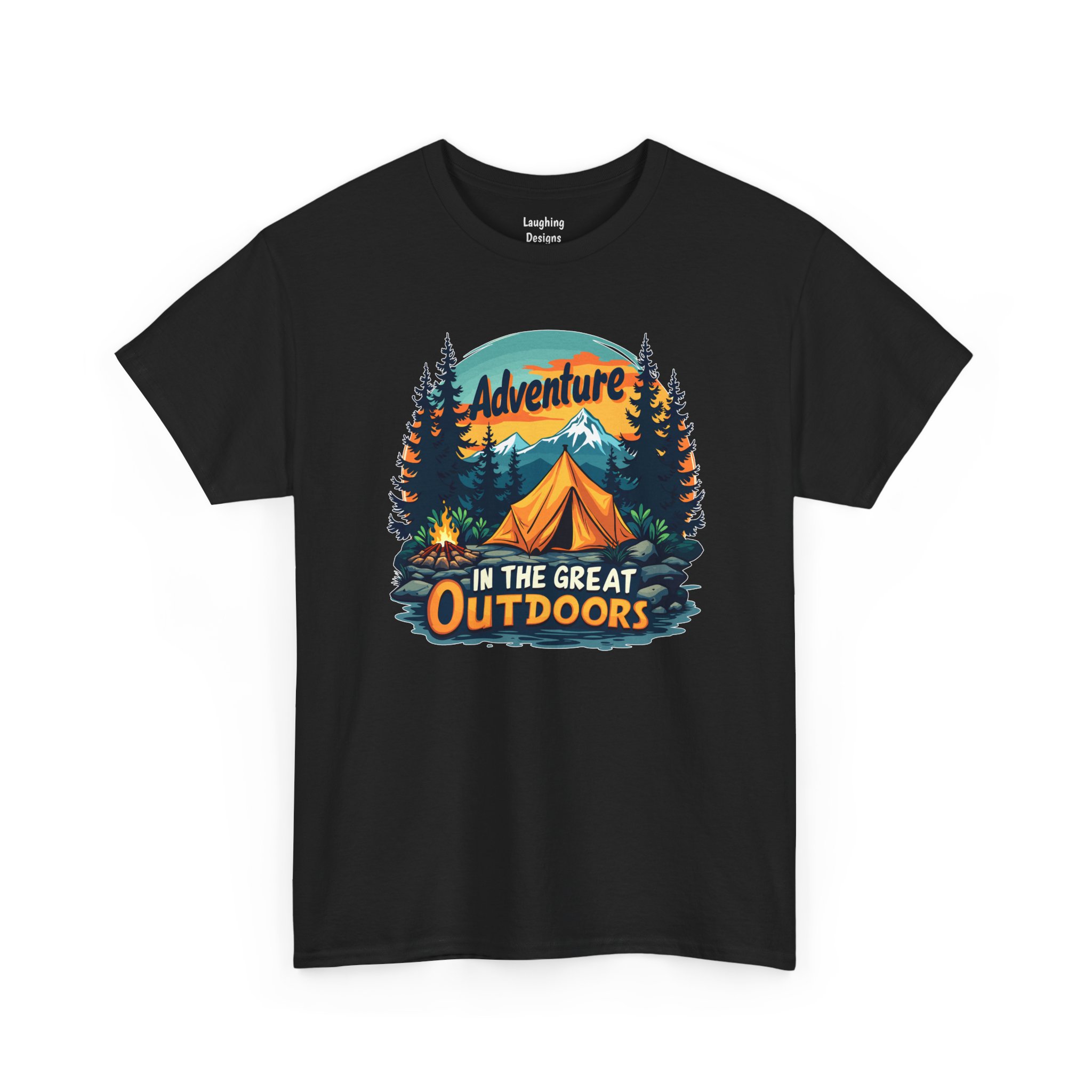 Adventure In The Great Outdoors T-Shirt - detailed retro illustration featuring a yellow camping tent, a roaring campfire, tall pine trees, and snow-capped mountains against a sunset sky. Text reads "Adventure IN THE GREAT Outdoors" in stylized script and block letters - Color Black.