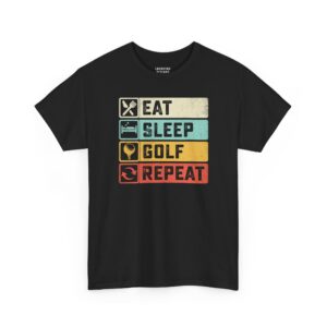 Eat Sleep Golf Repeat T-Shirt - Distressed retro colored panels with icons for eating, sleeping, a golf ball, and recycling arrows with text "EAT SLEEP GOLF REPEAT" - Black