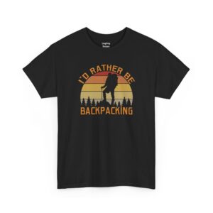 I'd Rather Be Backpacking T-Shirt - Graphic featuring a vintage sunset and a silhouette of a hiker climbing a mountain. Color Black.