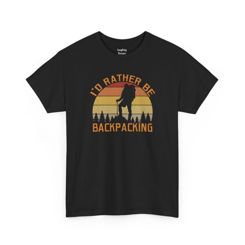 I'd Rather Be Backpacking T-Shirt - Graphic featuring a vintage sunset and a silhouette of a hiker climbing a mountain. Color Black.