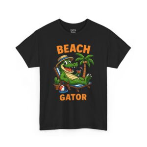 Beach Gator T-Shirt - Colorful cartoon graphic featuring a green alligator lounging on a beach chair wearing a straw hat and holding a tropical cocktail. A palm tree and cactus are in the background with the text "BEACH GATOR" in bold orange letters - Color Black.