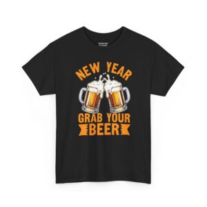 New Year Grab Your Beer T-Shirt - Two frothy beer mugs clinking together with orange text "NEW YEAR GRAB YOUR BEER" - Black