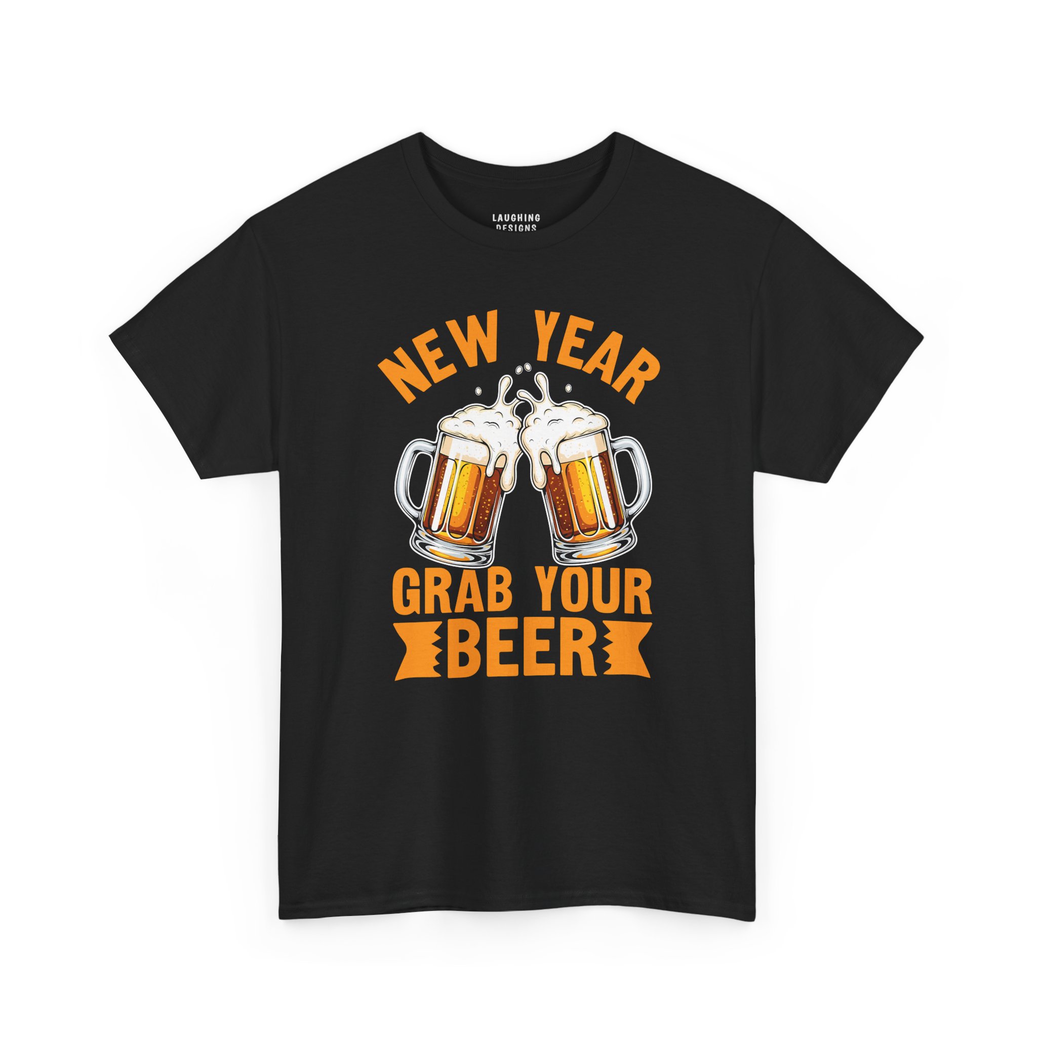 New Year Grab Your Beer T-Shirt - Two frothy beer mugs clinking together with orange text "NEW YEAR GRAB YOUR BEER" - Black