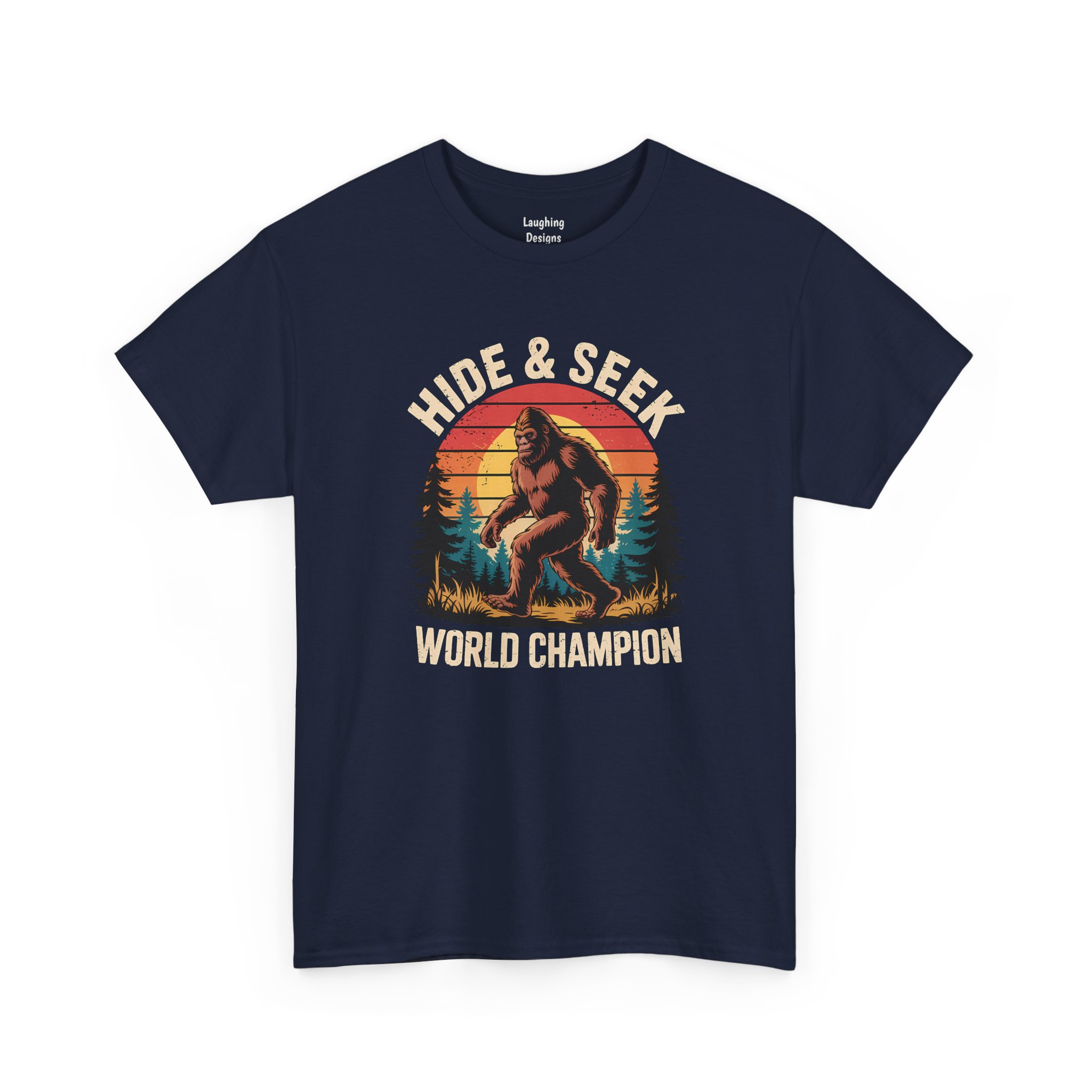 Bigfoot Hide and Seek World Champion T-Shirt in Navy Blue.