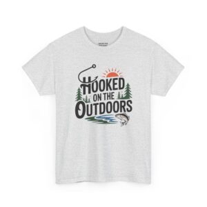 Hooked On The Outdoors T-Shirt - Graphic text "HOOKED ON THE OUTDOORS" featuring a fishing hook letter H, pine trees, and a jumping fish - Color Ash.
