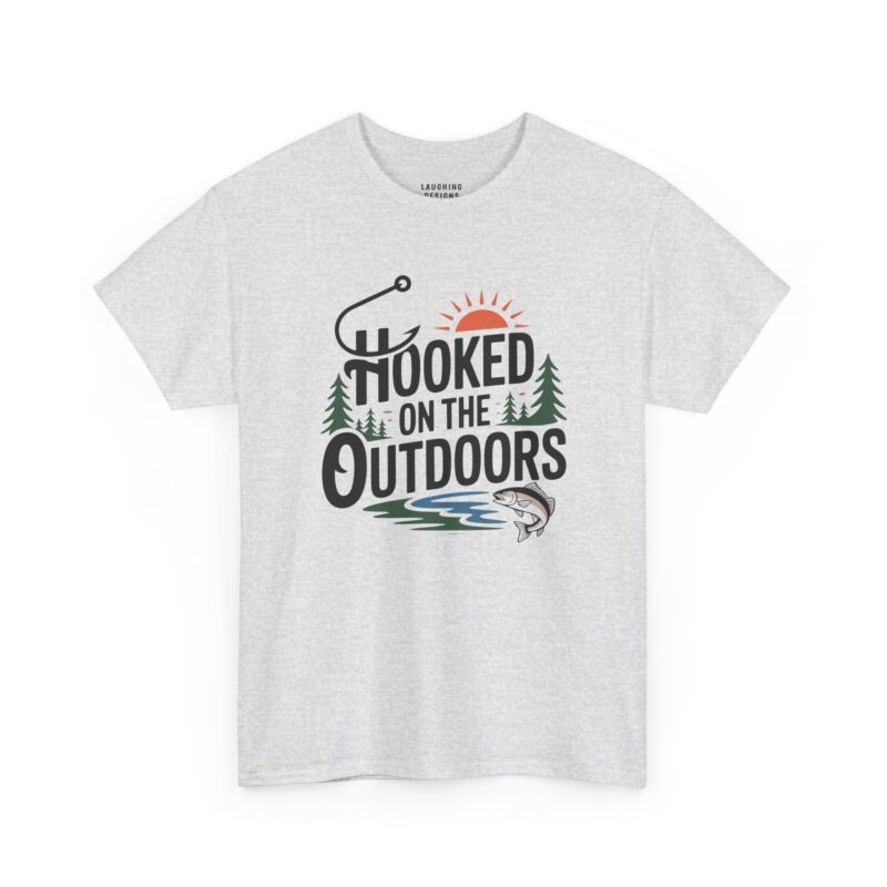 Hooked On The Outdoors T-Shirt - Graphic text "HOOKED ON THE OUTDOORS" featuring a fishing hook letter H, pine trees, and a jumping fish - Color Ash.