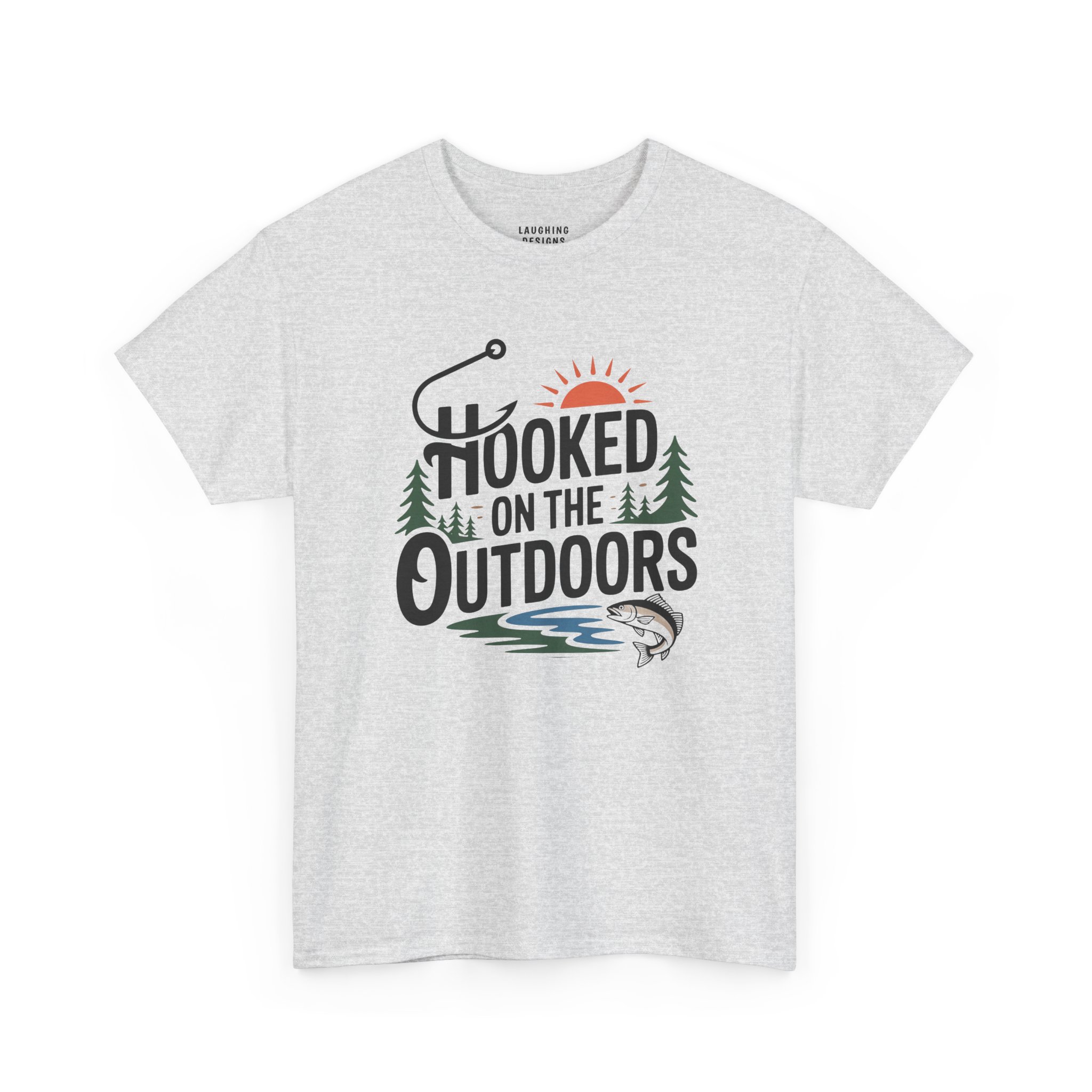 Hooked On The Outdoors T-Shirt - Graphic text "HOOKED ON THE OUTDOORS" featuring a fishing hook letter H, pine trees, and a jumping fish - Color Ash.