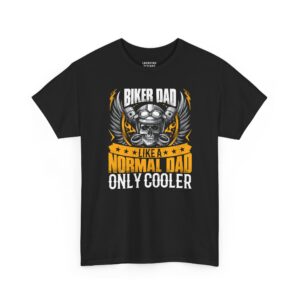 Biker Dad Like A Normal Dad Only Cooler T-Shirt - Edgy graphic featuring a skull wearing a motorcycle helmet and goggles, flanked by wings and crossed pistons. Text reads "BIKER DAD LIKE A NORMAL DAD ONLY COOLER" in distressed white and yellow letters - Color Black.