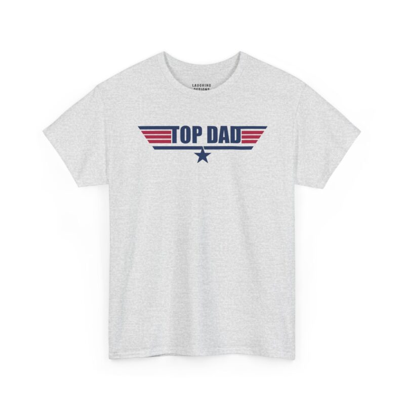 Top Dad T-Shirt - Navy blue and red winged flight logo reading "TOP DAD" with a star on a Ash Color Tee.