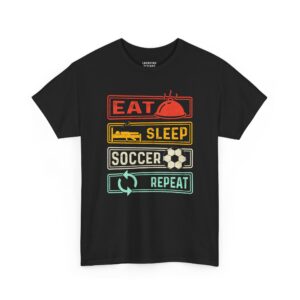 Eat Sleep Soccer Repeat T-Shirt - Distressed retro banners reading "EAT SLEEP SOCCER REPEAT" with corresponding icons - Black.