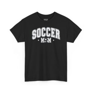 Soccer Mom T-Shirt - Varsity athletic text "SOCCER" arched over "MOM" with a soccer ball replacing the letter O - Black Color.