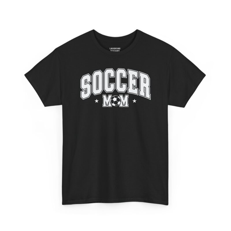 Soccer Mom T-Shirt - Varsity athletic text "SOCCER" arched over "MOM" with a soccer ball replacing the letter O - Black Color.