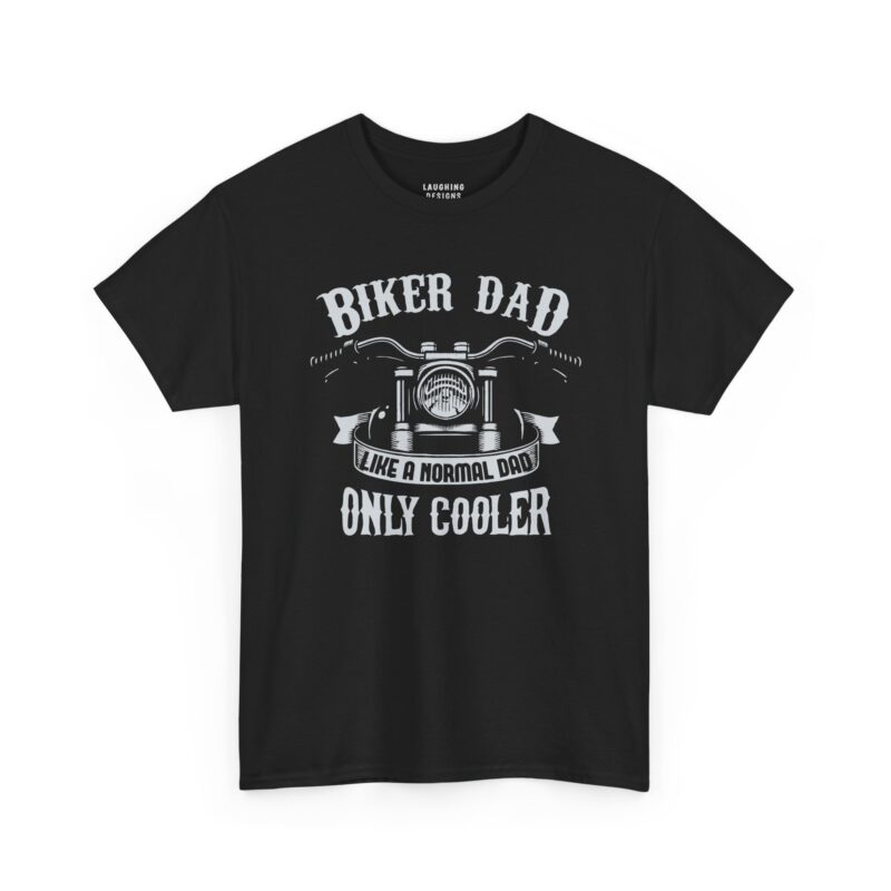 Biker Dad T-Shirt - White western text "BIKER DAD LIKE A NORMAL DAD ONLY COOLER" with a vintage motorcycle illustration - Black