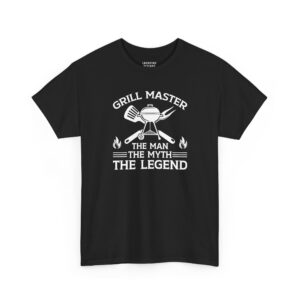 Grill Master T-Shirt - White text "GRILL MASTER THE MAN THE MYTH THE LEGEND" with kettle grill icon and crossed spatula and fork - Black.
