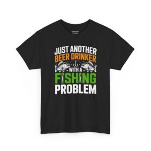 Just Another Beer Drinker With A Fishing Problem T-Shirt - Orange and green text with two bass fish illustrations and fishing hooks hanging from letters - Black Color.