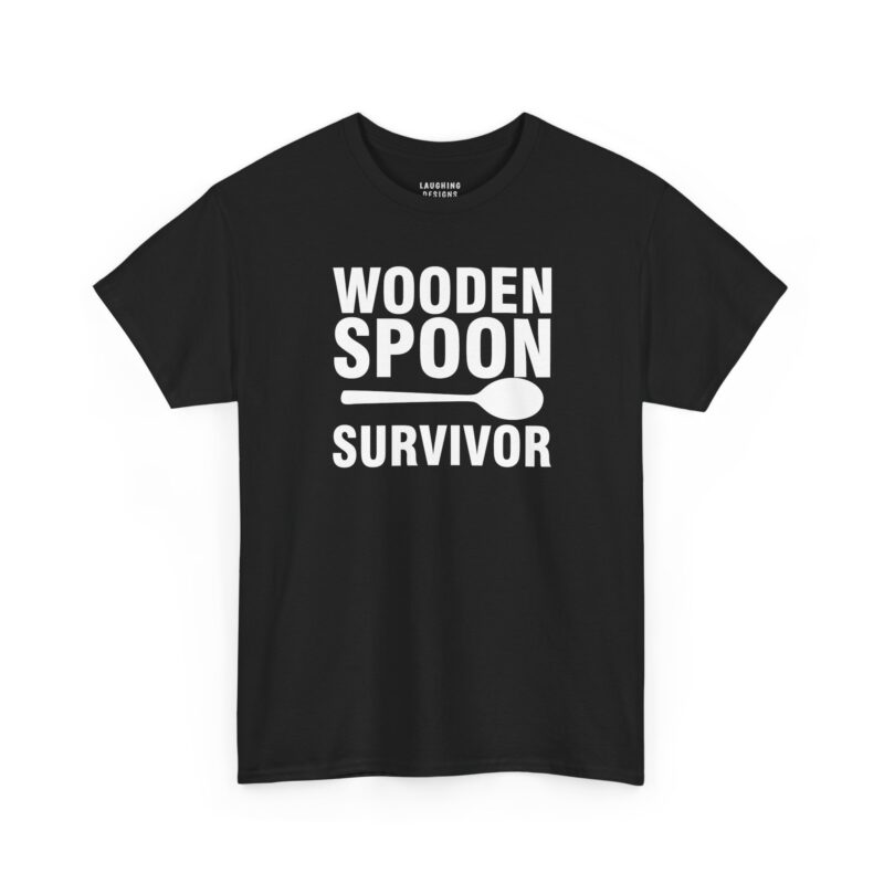 Wooden Spoon Survivor T-Shirt - Bold text reading "WOODEN SPOON" above a spoon silhouette, with "SURVIVOR" below - Black background.