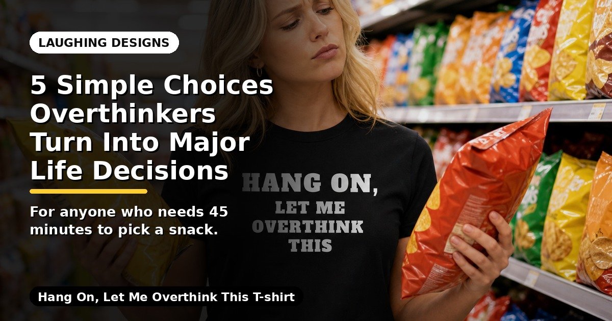 Woman wearing funny overthinking shirt while choosing snacks.