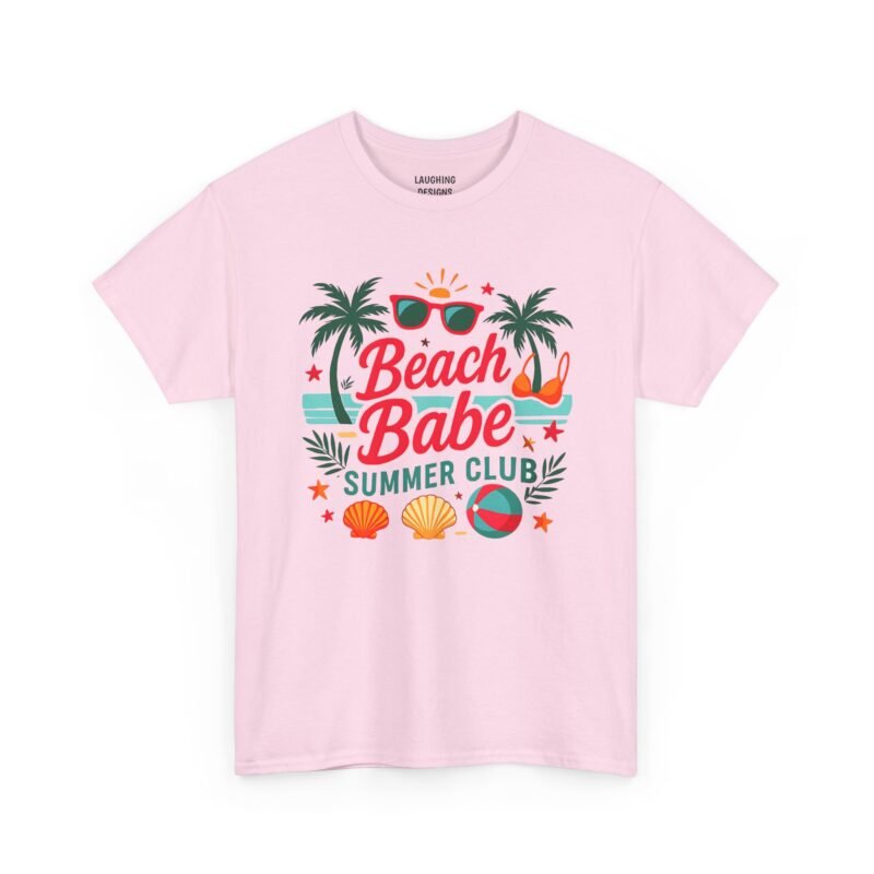 Women's summer t-shirt design featuring the text "Beach Babe" in pink script and "SUMMER CLUB" in teal, surrounded by colorful tropical graphics including palm trees, sunglasses, seashells, a beach ball, and a bikini top, printed on a Light Pink cotton shirt.