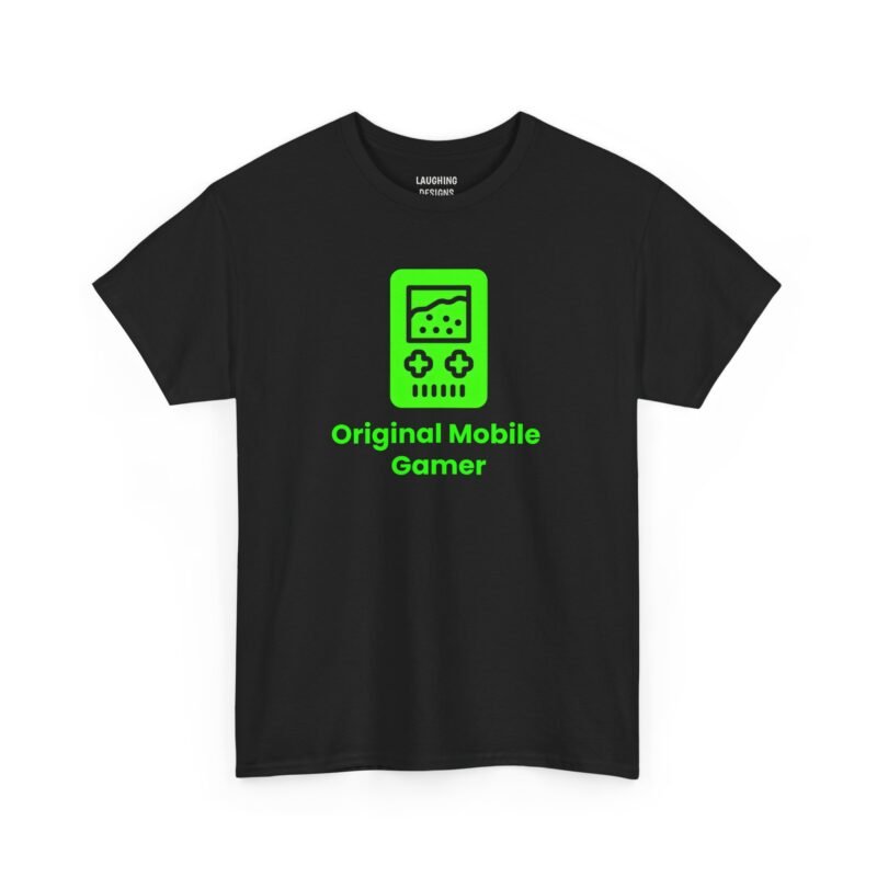 Minimalist t-shirt design featuring a neon green retro handheld game console above the text "Original Mobile Gamer", printed on a Black color cotton shirt.