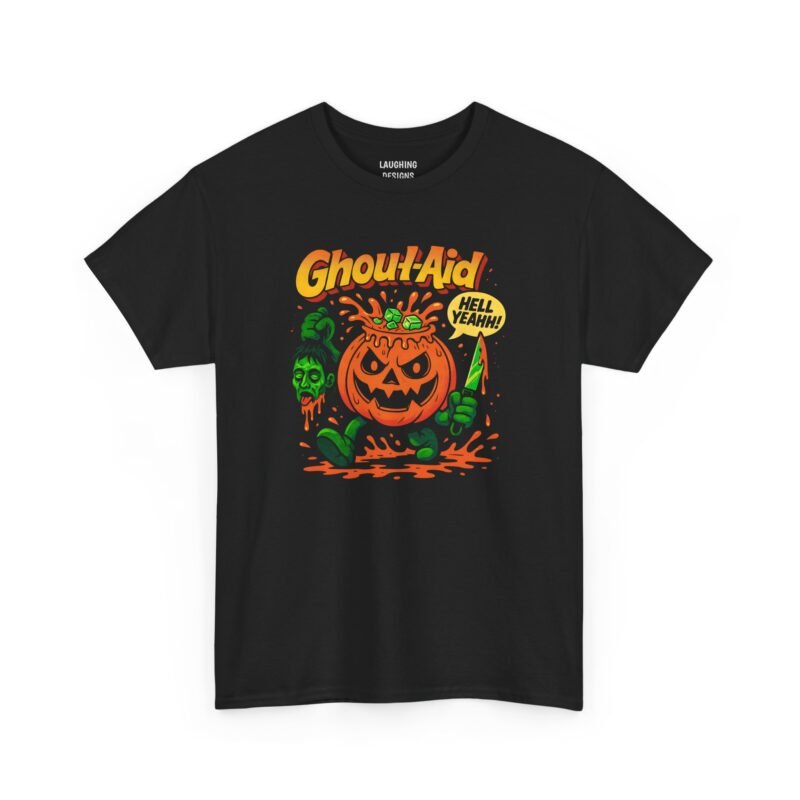 Funny t-shirt with a menacing orange pumpkin pitcher character splashing orange liquid and glowing green ice cubes, holding a severed green zombie head in one hand and a bloody knife in the other, with retro yellow and orange text reading "Ghoul-Aid" and a yellow speech bubble saying "HELL YEAHH!", printed on a Black color cotton shirt.
