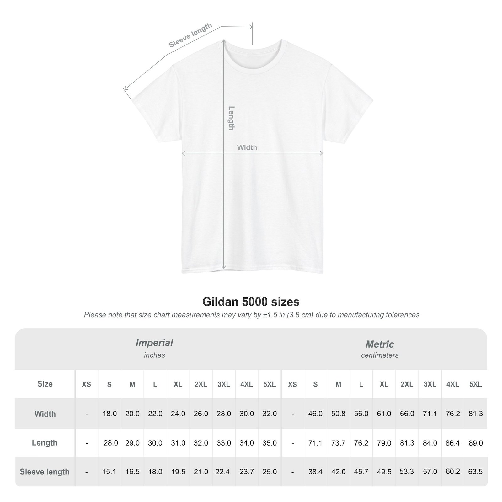 Gildan 5000 size chart showing shirt width, length, and sleeve measurements in inches and centimeters for Laughing Designs t-shirts.