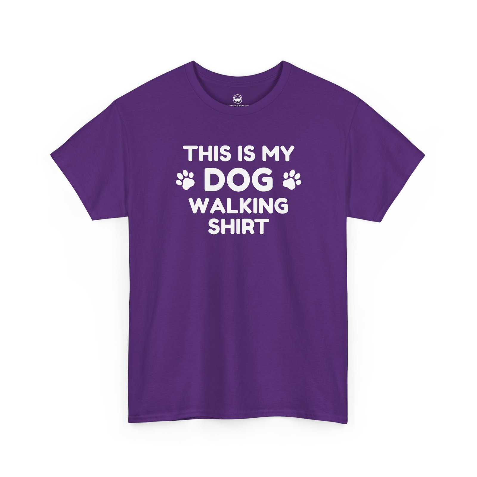 Funny Dog Walking T-Shirt with clean text reading "THIS IS MY DOG WALKING SHIRT" stacked across four lines with paw print icons flanking the word "DOG", printed on a Purple color cotton shirt.