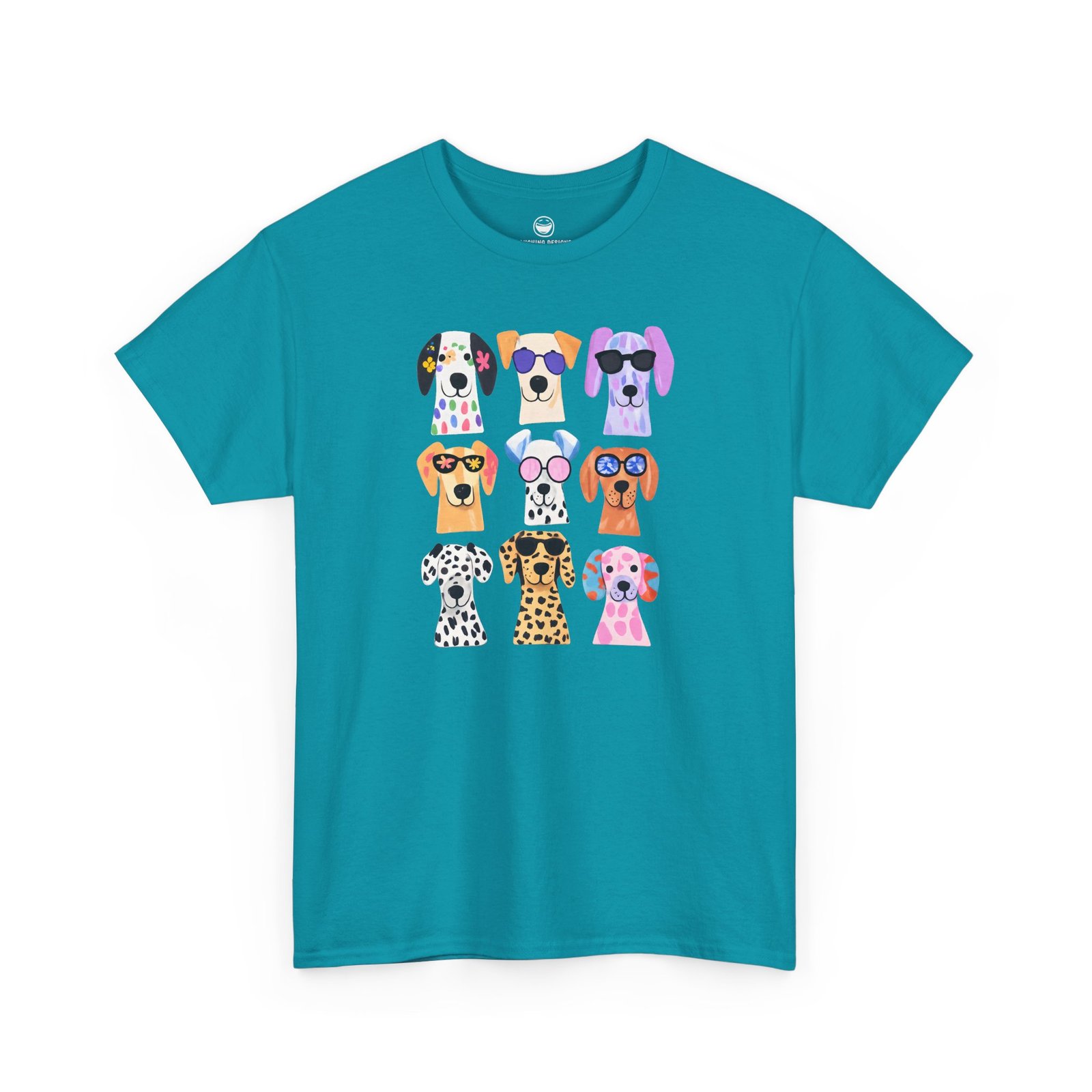 Cute dogs t-shirt with a playful grid of nine colorful, stylized puppy faces featuring bright patterns and fun sunglasses, printed on a Tropical Blue color cotton shirt.