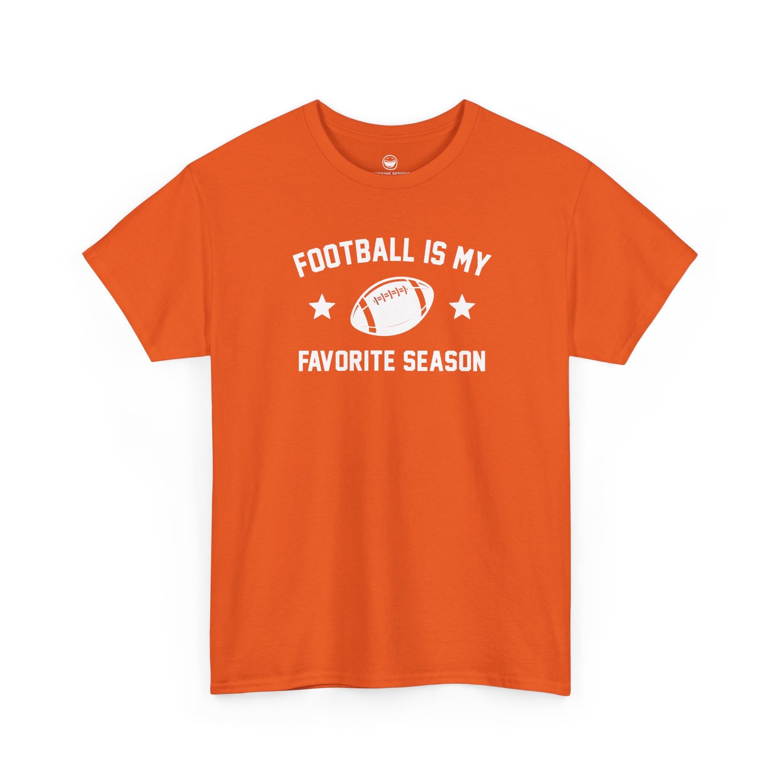 Fun Football Is My Favorite Season T-Shirt with varsity text reading "FOOTBALL IS MY FAVORITE SEASON" surrounding a football graphic and accent stars, printed on a Orange color cotton shirt.