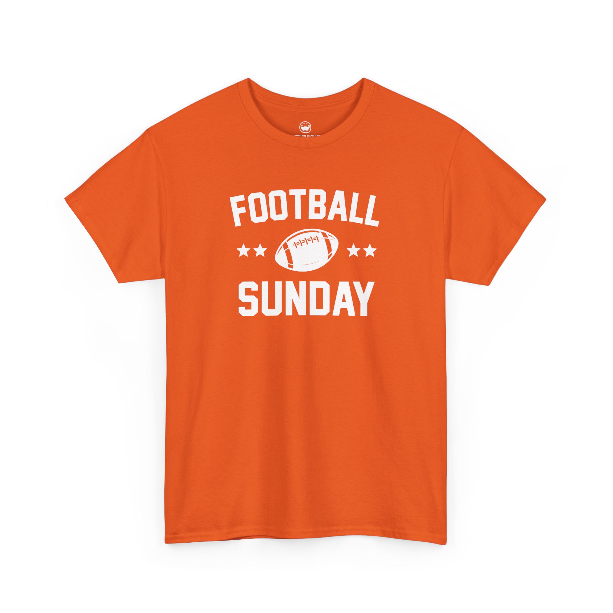 Football Sunday T-Shirt with varsity text reading "FOOTBALL SUNDAY" arched around a detailed football graphic flanked by two stars on each side, printed on a Orange color cotton shirt.