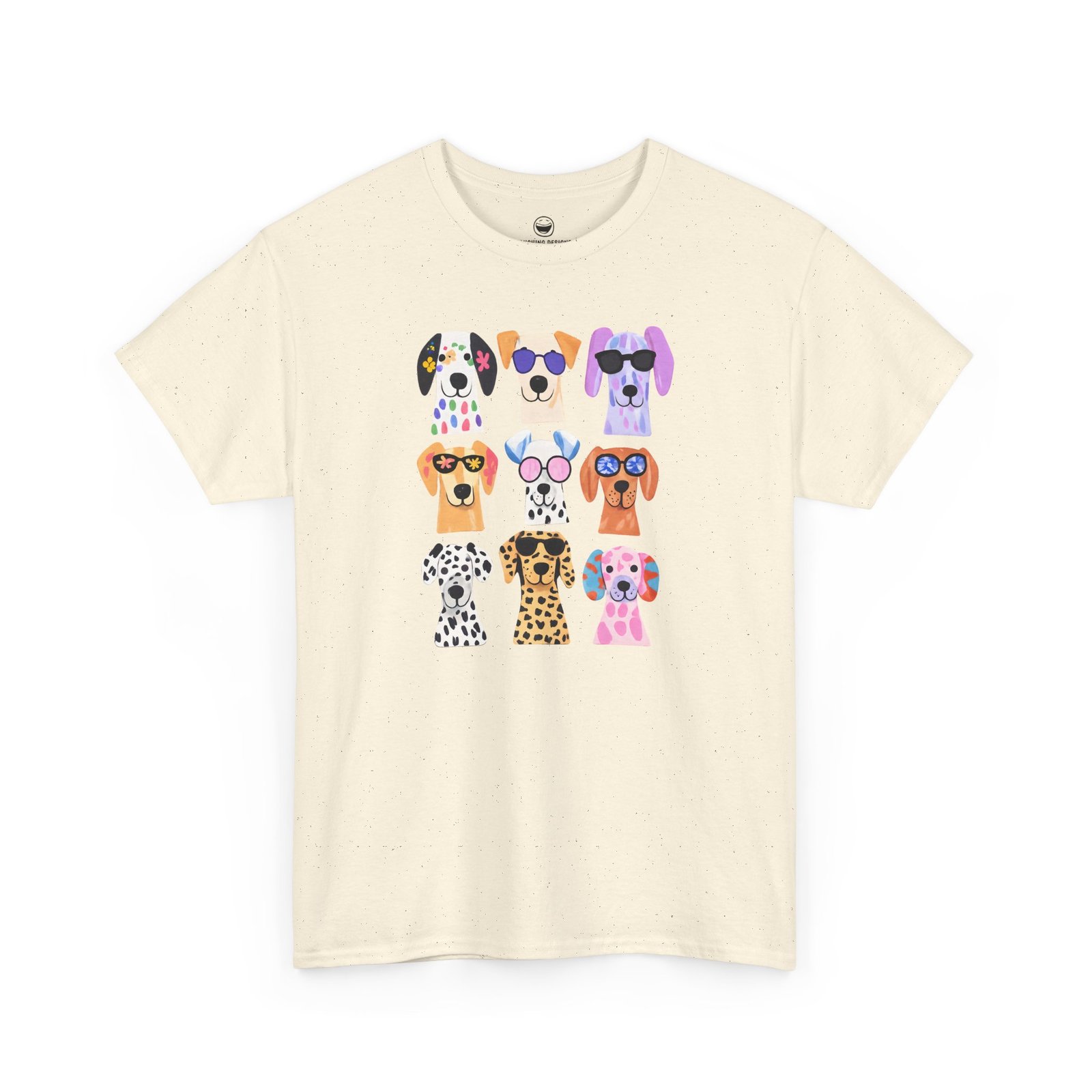 Cute dogs t-shirt with a playful grid of nine colorful, stylized puppy faces featuring bright patterns and fun sunglasses, printed on a Natural Cream color cotton shirt.