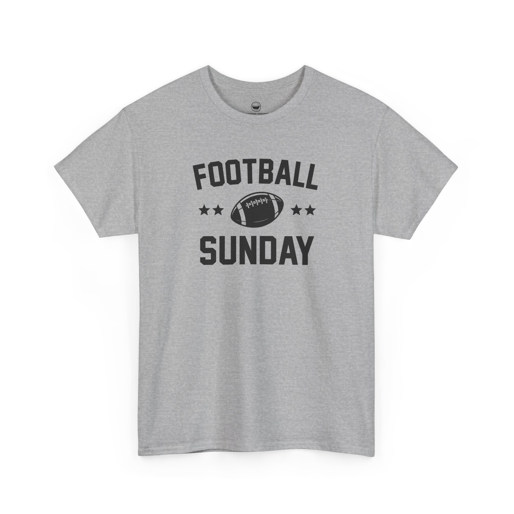 Football Sunday T-Shirt with varsity text reading "FOOTBALL SUNDAY" arched around a detailed football graphic flanked by two stars on each side, printed on a Sport Gray color cotton shirt.