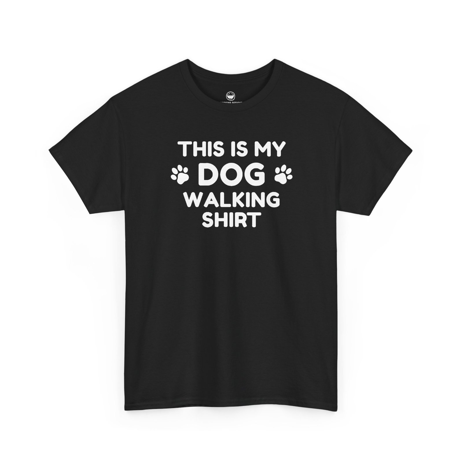 Funny Dog Walking T-Shirt with clean text reading "THIS IS MY DOG WALKING SHIRT" stacked across four lines with paw print icons flanking the word "DOG", printed on a Black color cotton shirt.
