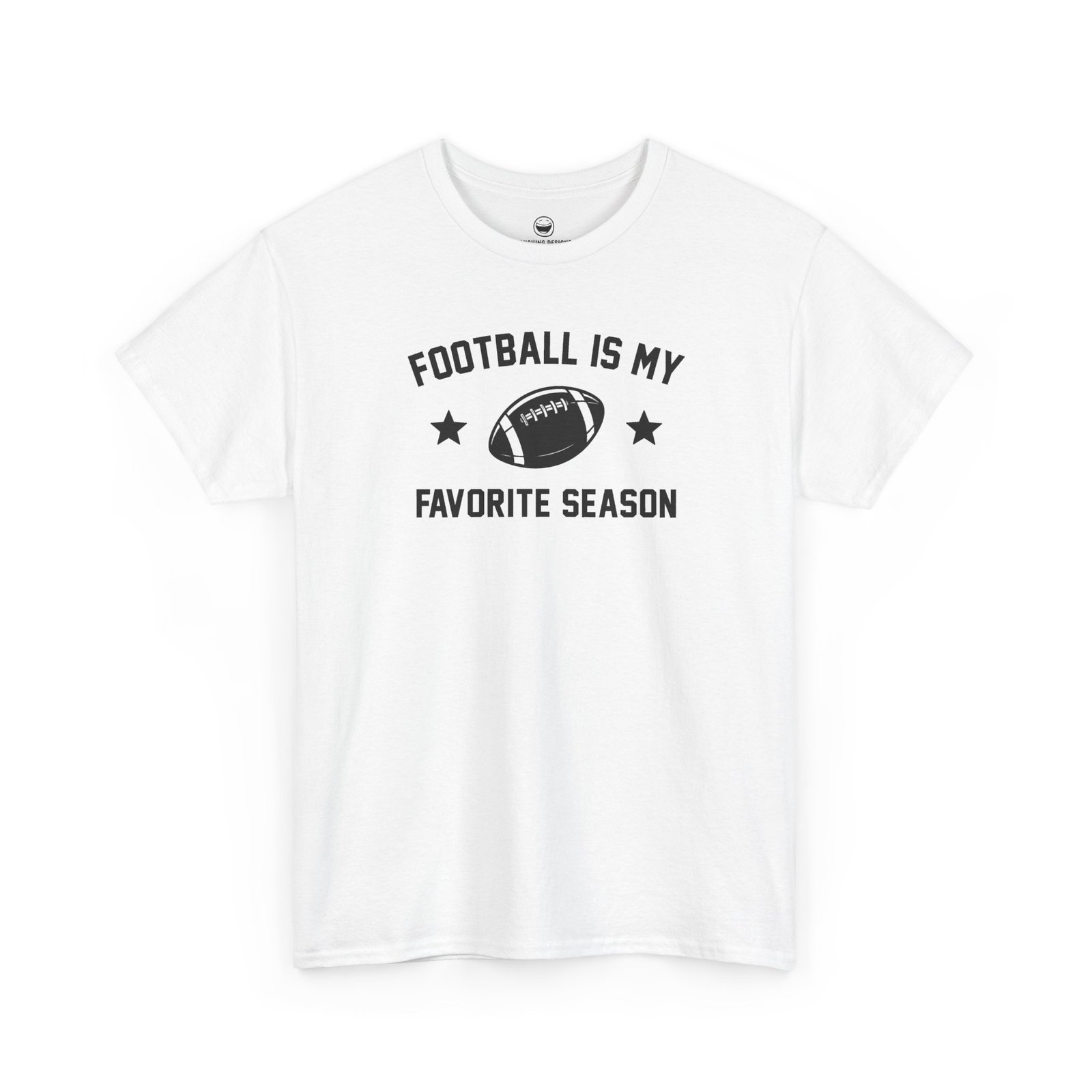 Fun Football Is My Favorite Season T-Shirt with varsity text reading "FOOTBALL IS MY FAVORITE SEASON" surrounding a football graphic and accent stars, printed on a White color cotton shirt.