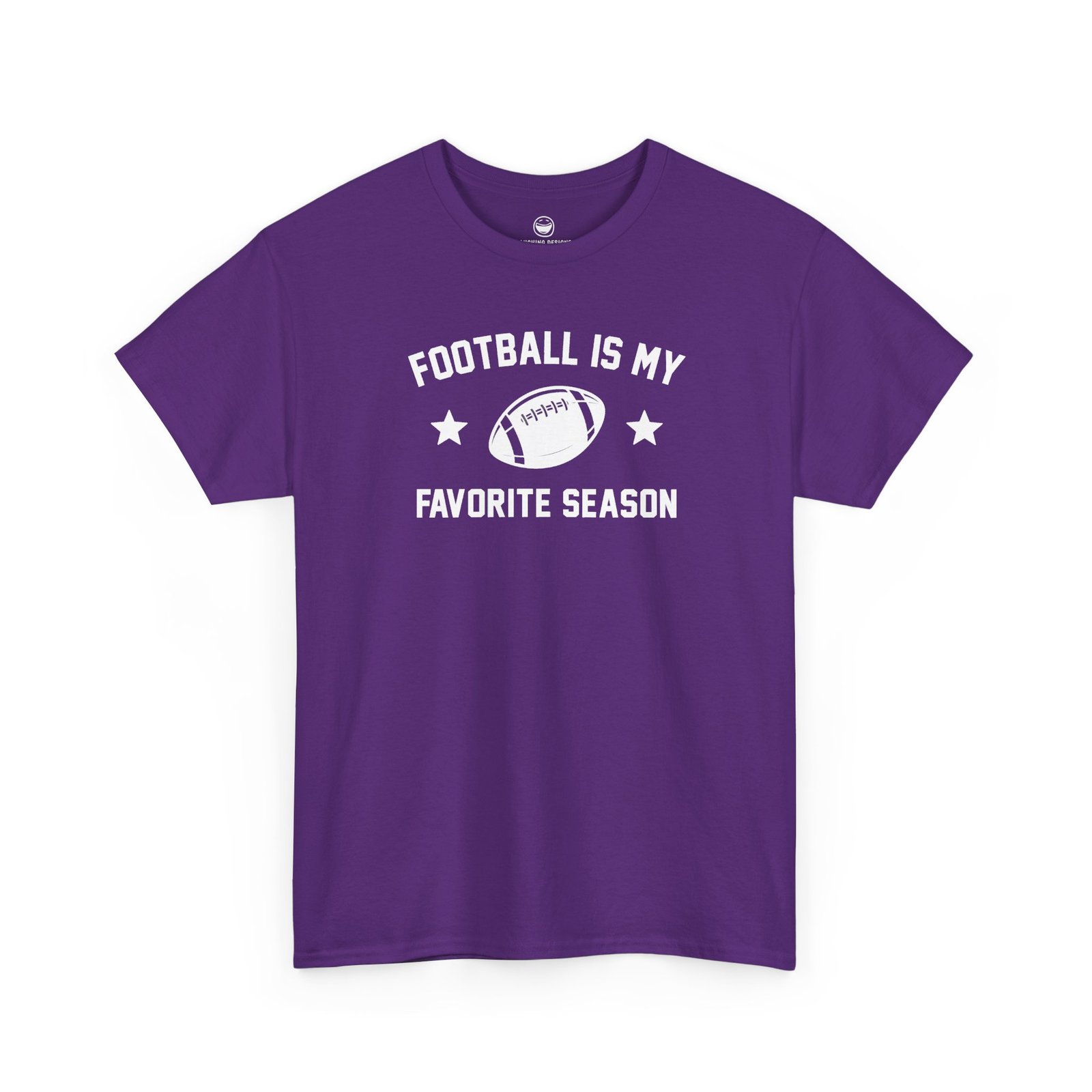 Fun Football Is My Favorite Season T-Shirt with varsity text reading "FOOTBALL IS MY FAVORITE SEASON" surrounding a football graphic and accent stars, printed on a Purple color cotton shirt.