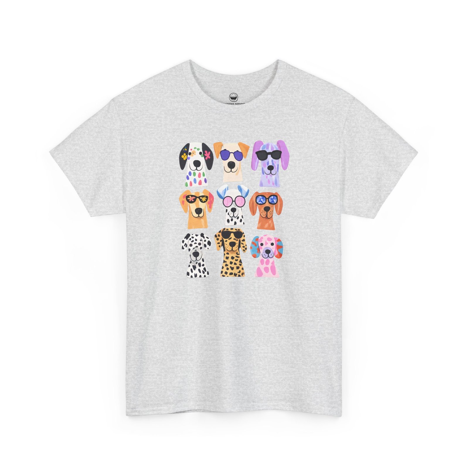 Cute dogs t-shirt with a playful grid of nine colorful, stylized puppy faces featuring bright patterns and fun sunglasses, printed on a Ash Gray color cotton shirt.