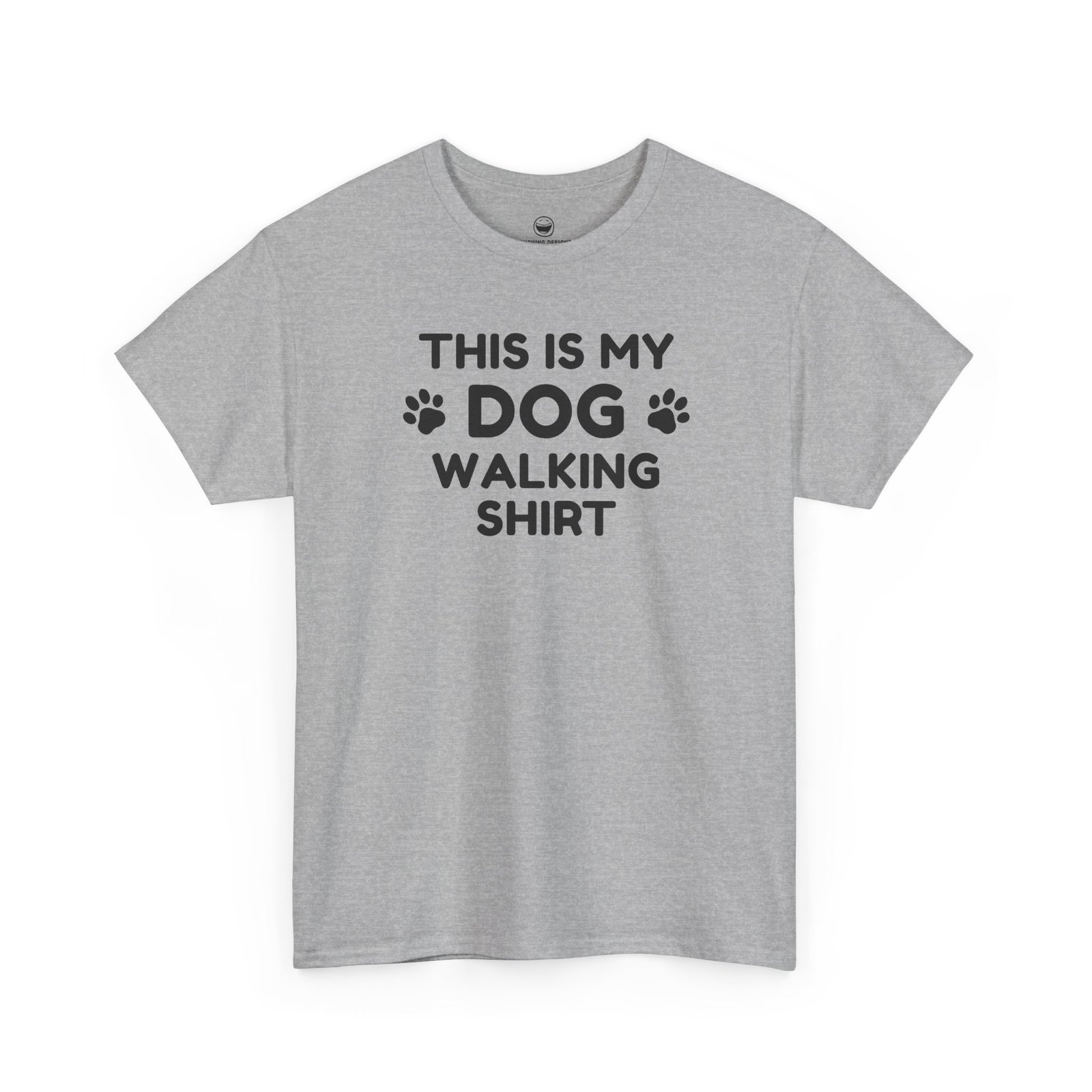 Funny Dog Walking T-Shirt with clean text reading "THIS IS MY DOG WALKING SHIRT" stacked across four lines with paw print icons flanking the word "DOG", printed on a Sport Gray color cotton shirt.