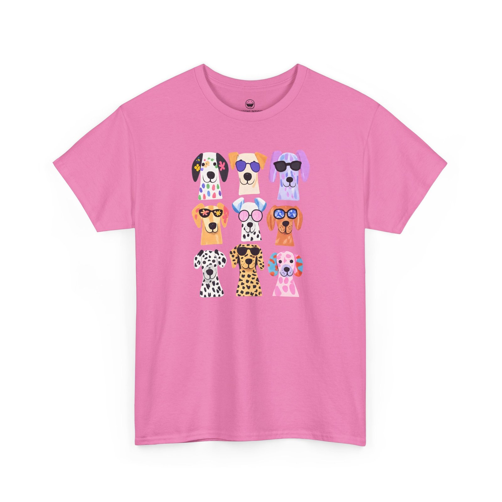 Cute dogs t-shirt with a playful grid of nine colorful, stylized puppy faces featuring bright patterns and fun sunglasses, printed on a Azalea Pink color cotton shirt.