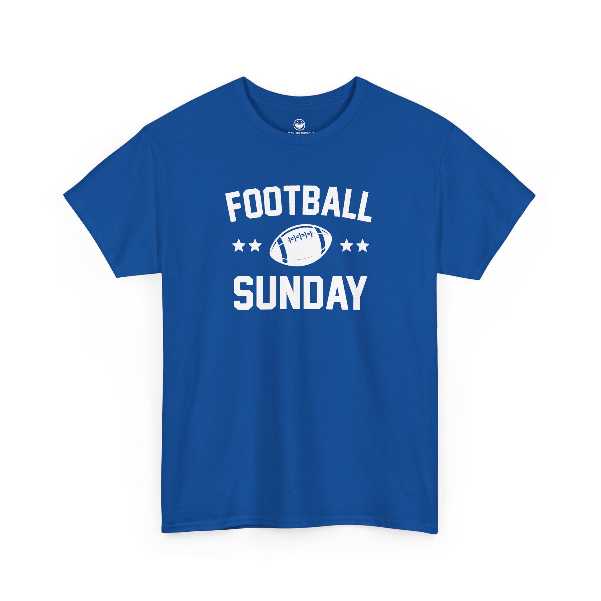 Football Sunday T-Shirt with varsity text reading "FOOTBALL SUNDAY" arched around a detailed football graphic flanked by two stars on each side, printed on a Royal Blue color cotton shirt.