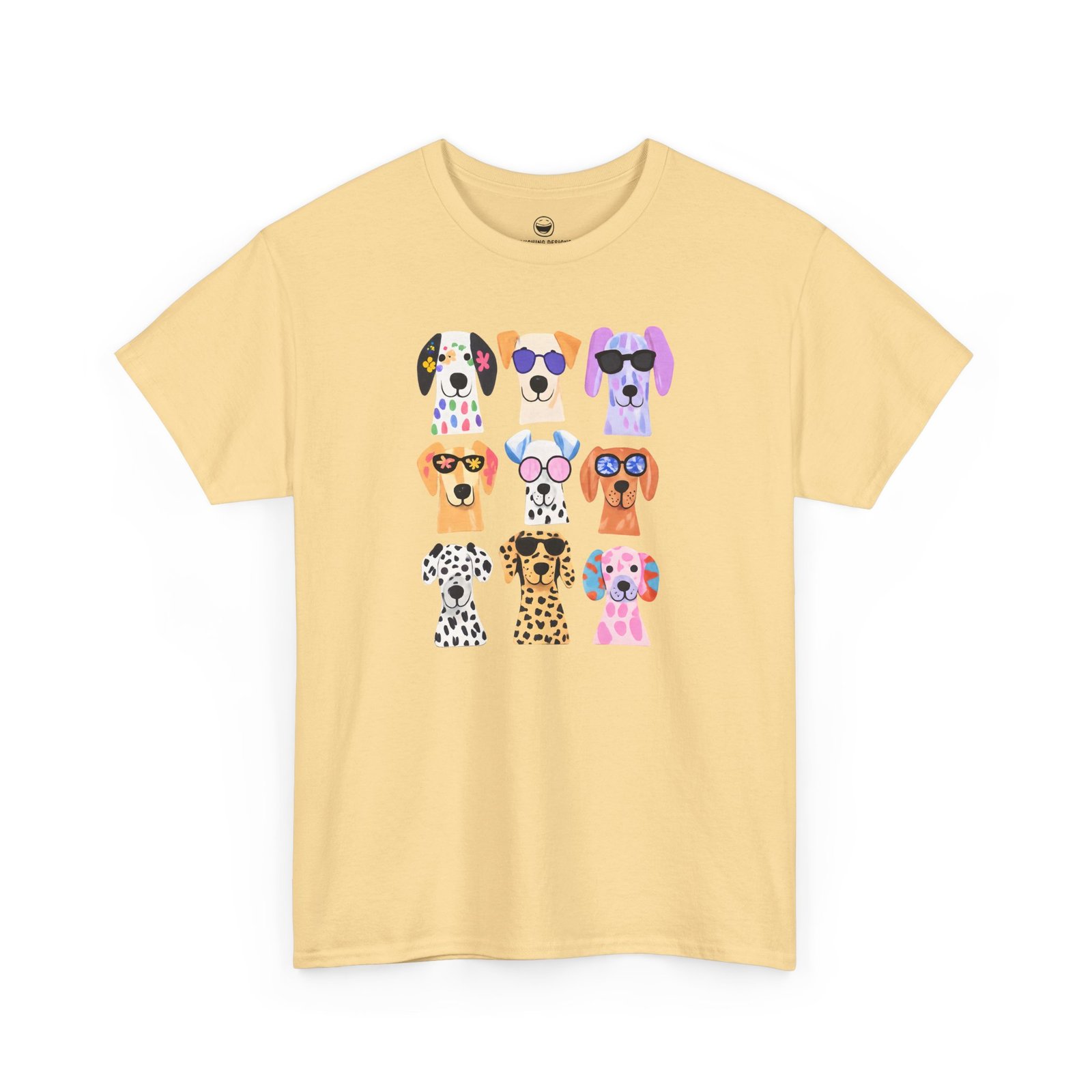 Cute dogs t-shirt with a playful grid of nine colorful, stylized puppy faces featuring bright patterns and fun sunglasses, printed on a Yellow Haze color cotton shirt.