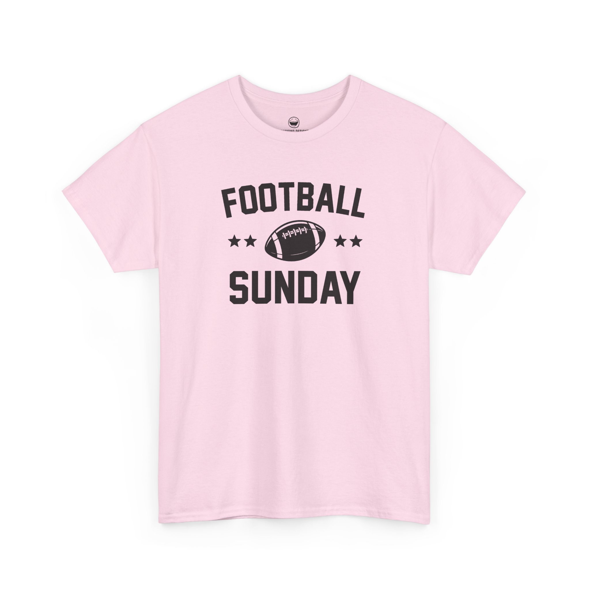 Football Sunday T-Shirt with varsity text reading "FOOTBALL SUNDAY" arched around a detailed football graphic flanked by two stars on each side, printed on a Light Pink color cotton shirt.