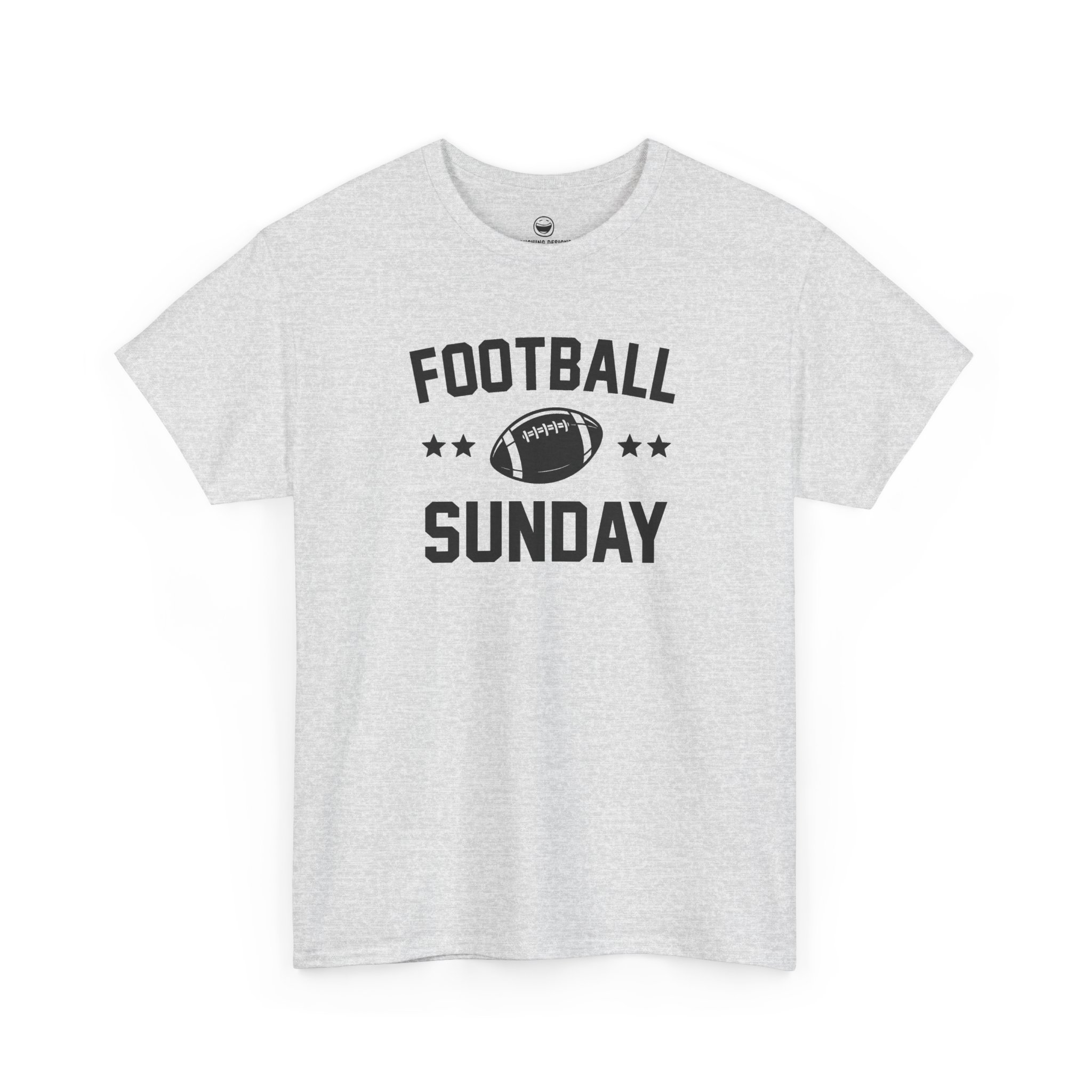 Football Sunday T-Shirt with varsity text reading "FOOTBALL SUNDAY" arched around a detailed football graphic flanked by two stars on each side, printed on a Ash Gray color cotton shirt.