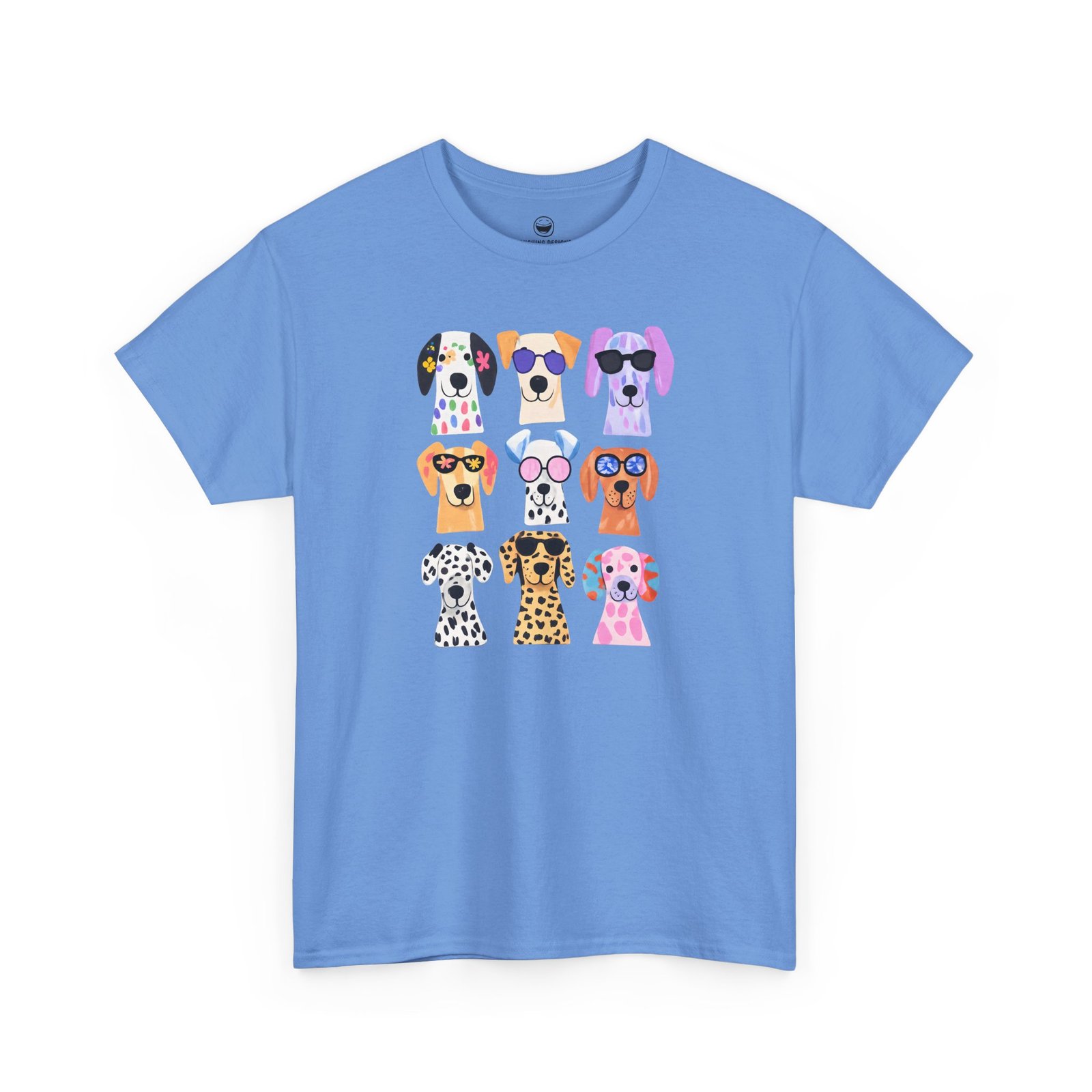 Cute dogs t-shirt with a playful grid of nine colorful, stylized puppy faces featuring bright patterns and fun sunglasses, printed on a Carolina Blue color cotton shirt.