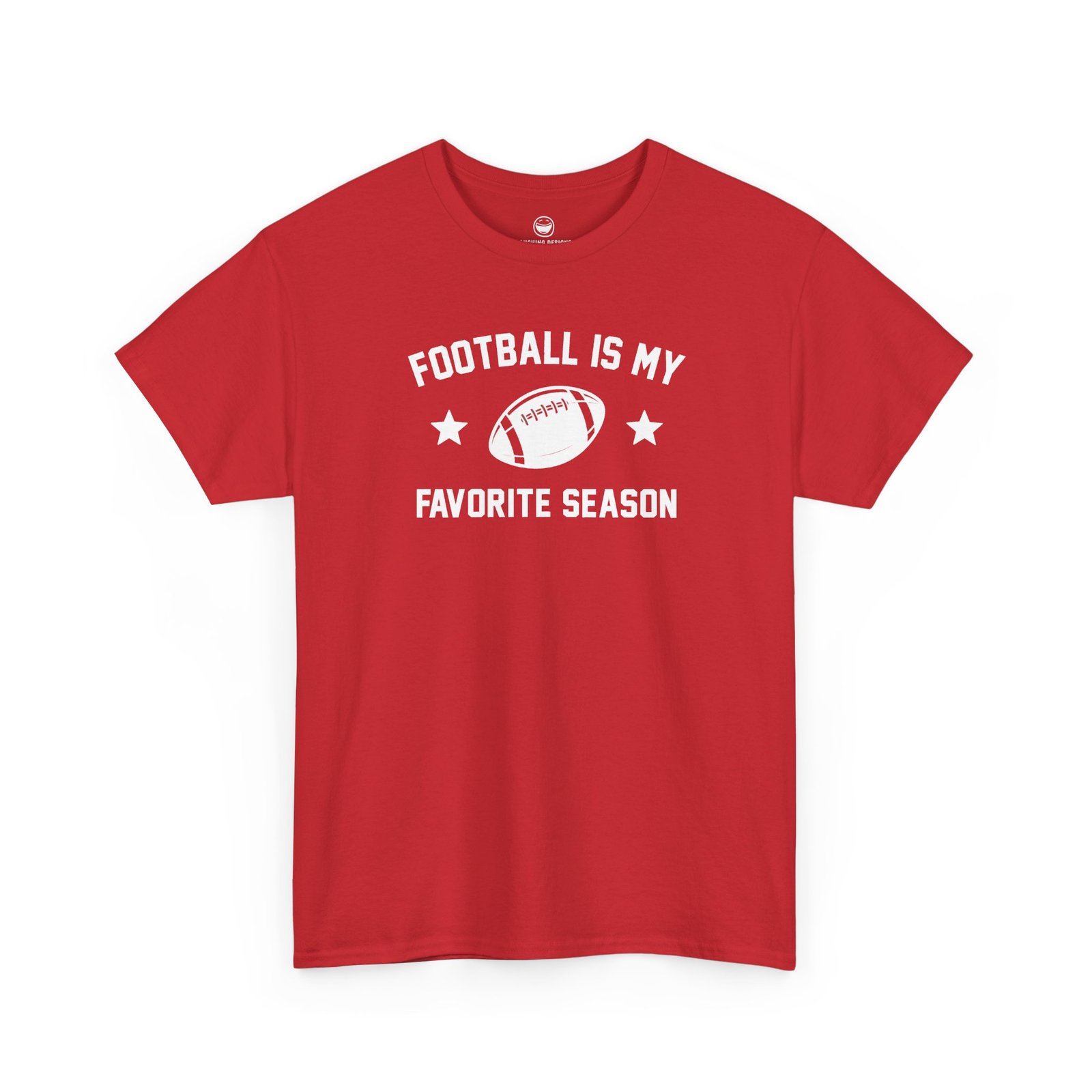 Fun Football Is My Favorite Season T-Shirt with varsity text reading "FOOTBALL IS MY FAVORITE SEASON" surrounding a football graphic and accent stars, printed on a Red color cotton shirt.