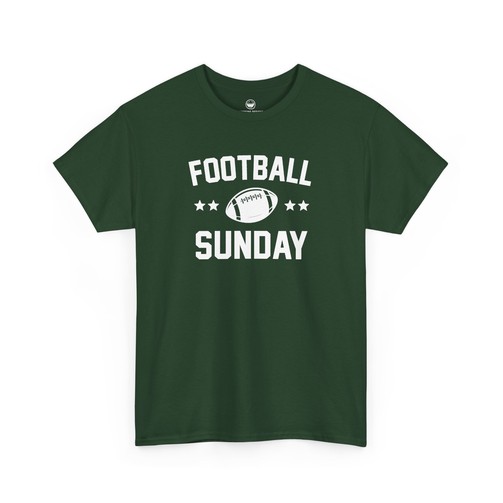 Football Sunday T-Shirt with varsity text reading "FOOTBALL SUNDAY" arched around a detailed football graphic flanked by two stars on each side, printed on a Forest Green color cotton shirt.