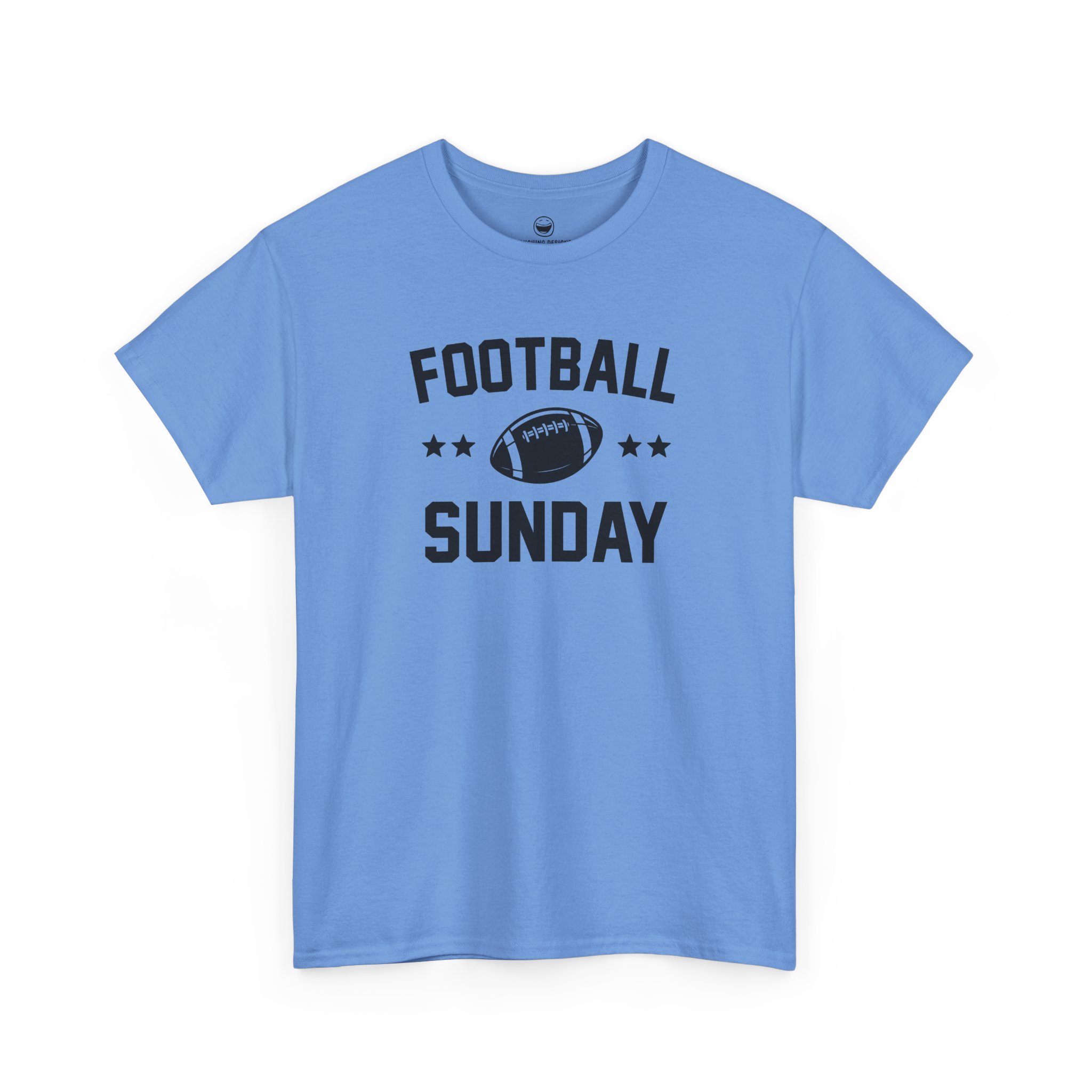 Football Sunday T-Shirt with varsity text reading "FOOTBALL SUNDAY" arched around a detailed football graphic flanked by two stars on each side, printed on a Carolina Blue color cotton shirt.