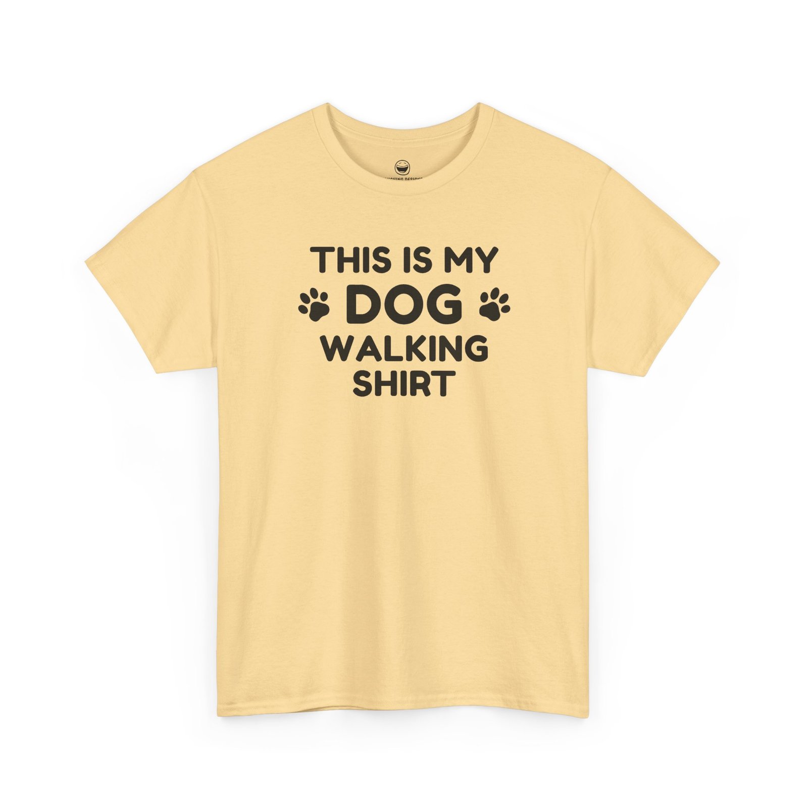 Funny Dog Walking T-Shirt with clean text reading "THIS IS MY DOG WALKING SHIRT" stacked across four lines with paw print icons flanking the word "DOG", printed on a Yellow Haze color cotton shirt.