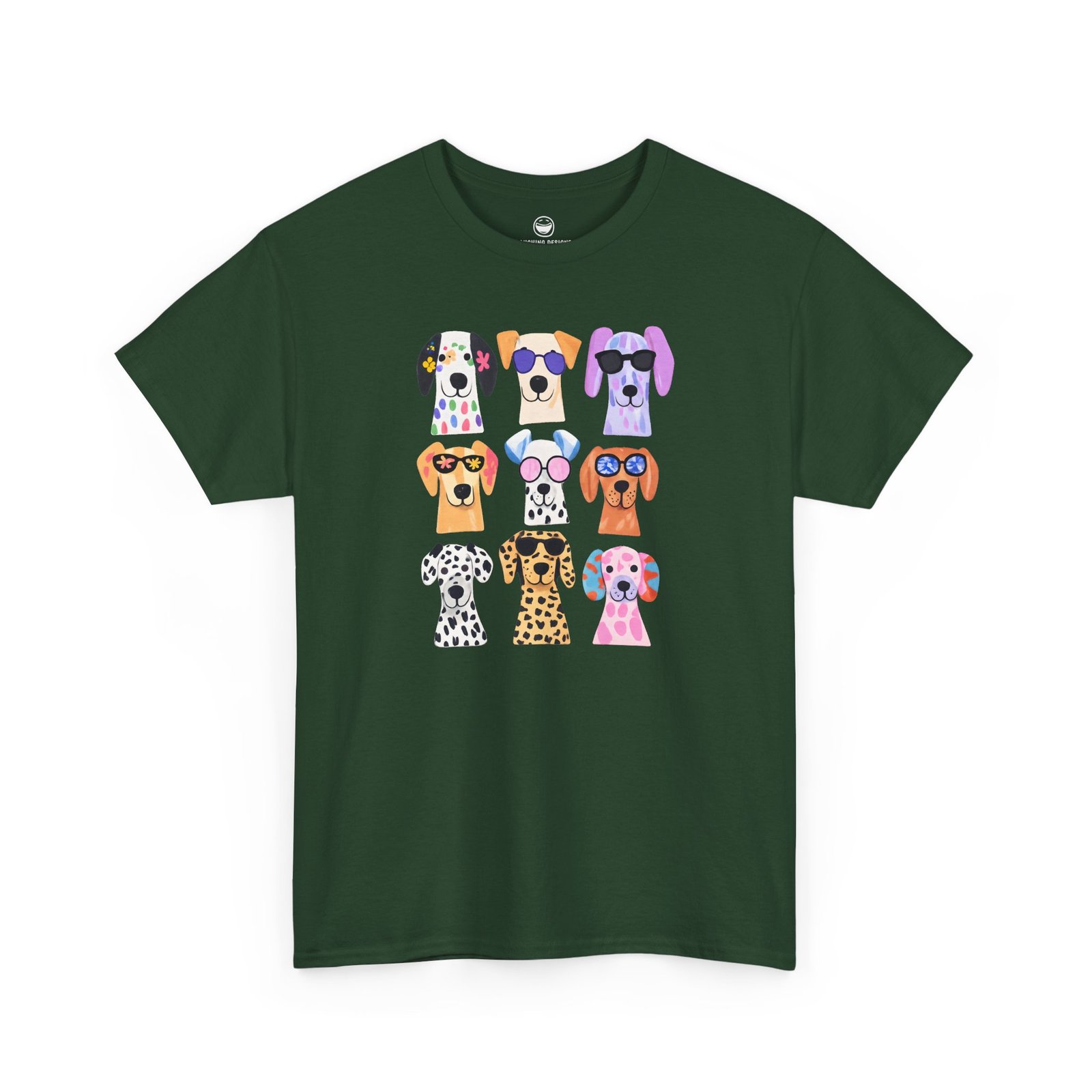 Cute dogs t-shirt with a playful grid of nine colorful, stylized puppy faces featuring bright patterns and fun sunglasses, printed on a Forest Green color cotton shirt.
