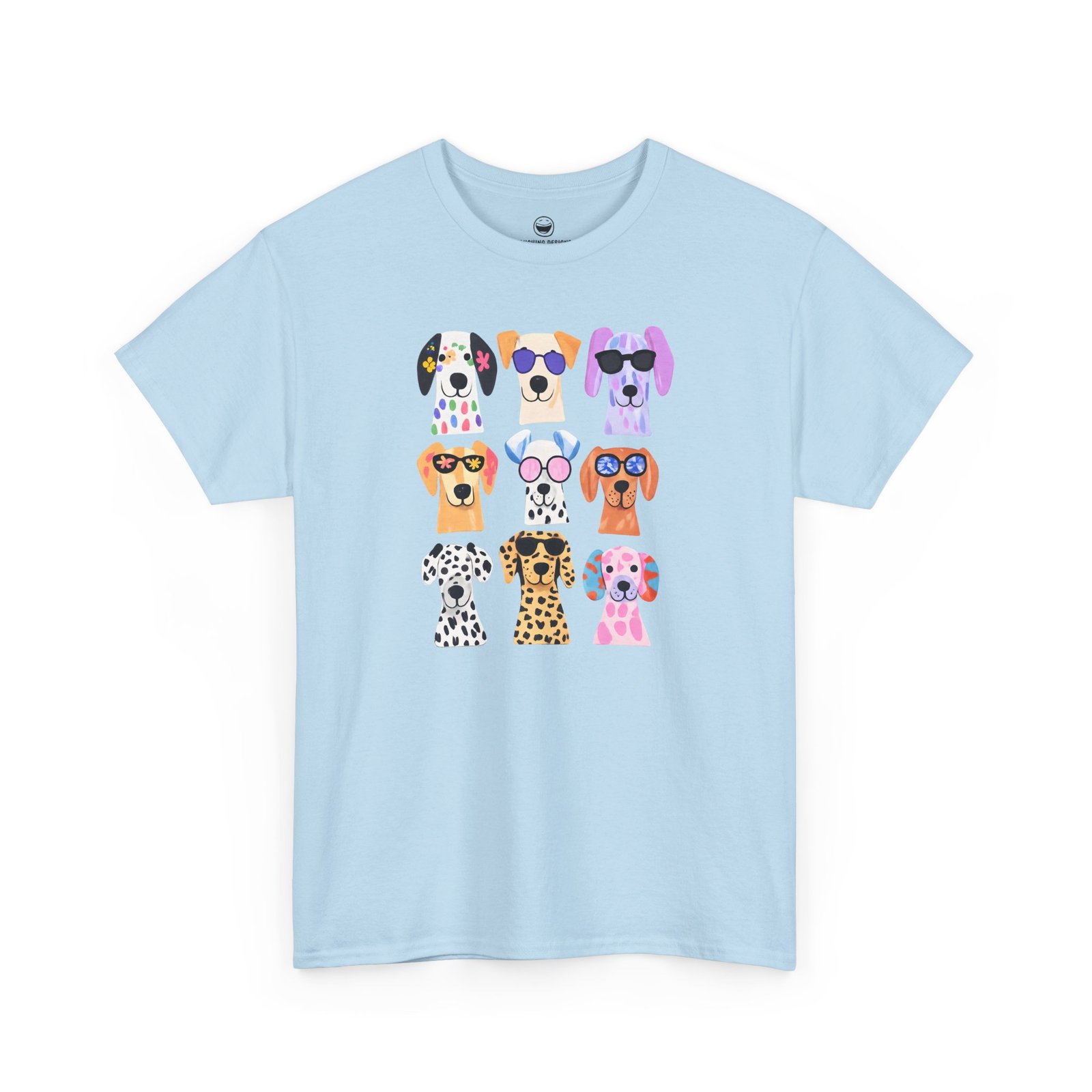 Cute dogs t-shirt with a playful grid of nine colorful, stylized puppy faces featuring bright patterns and fun sunglasses, printed on a Light Blue color cotton shirt.
